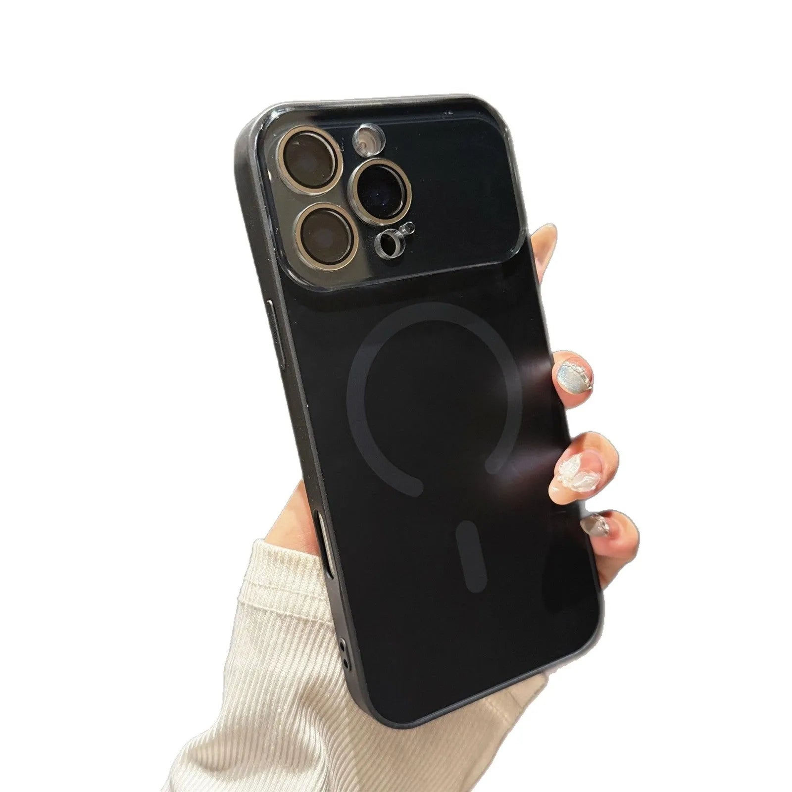 Large window frosted magnetic PC phone case for iPhone, shockproof, anti-fingerprint, black finish