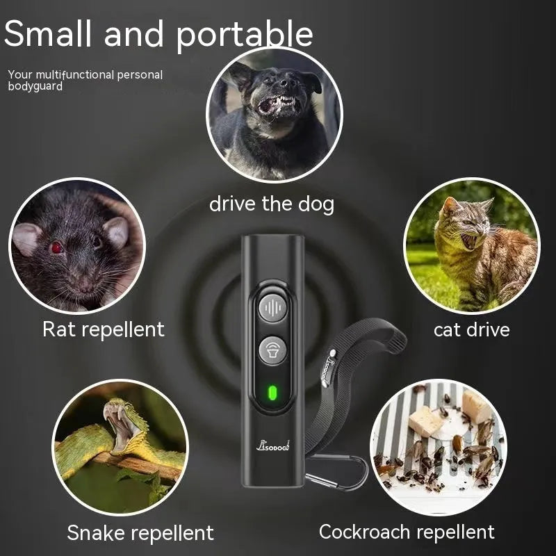 Black high power portable ultrasonic dog repellent device with hanging rope, effective up to 10 metres