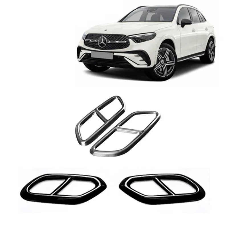 Aluminium alloy tailpipe cover for Mercedes-Benz A Class in silver finish with metallic sheen on exhaust pipe