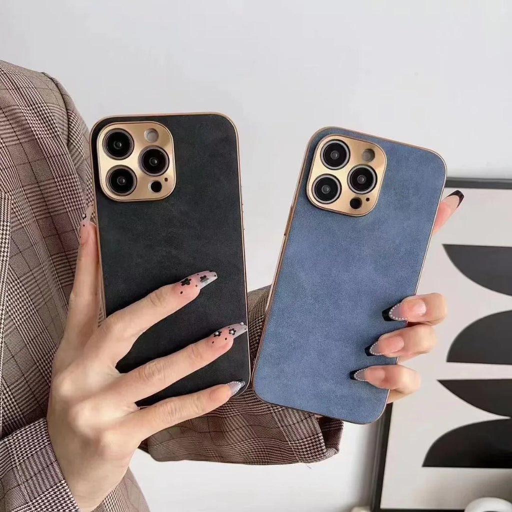 Slim black leather texture TPU phone case for iPhone showing raised edges around screen and camera.