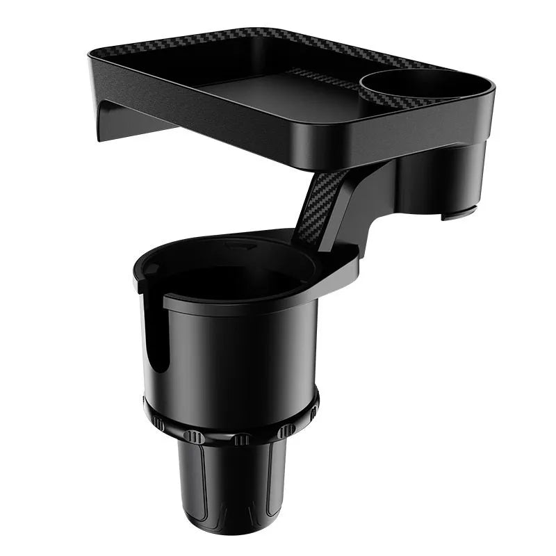 Black ABS plastic rotating dinner tray holder inserted into a car cup holder.