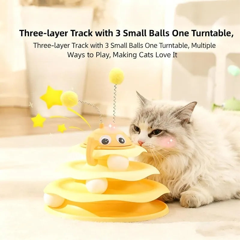 3-layer cat toy tower with rotating bee on top, green tracks and base, for kittens and adult cats