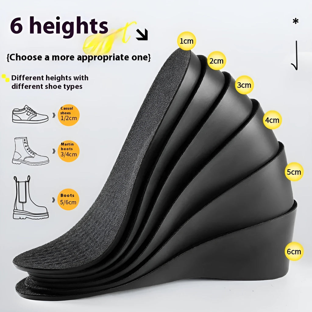 Black PVC invisible height increasing shoe insole, 1cm rise, for men's size 35-46 with non-collapse padding