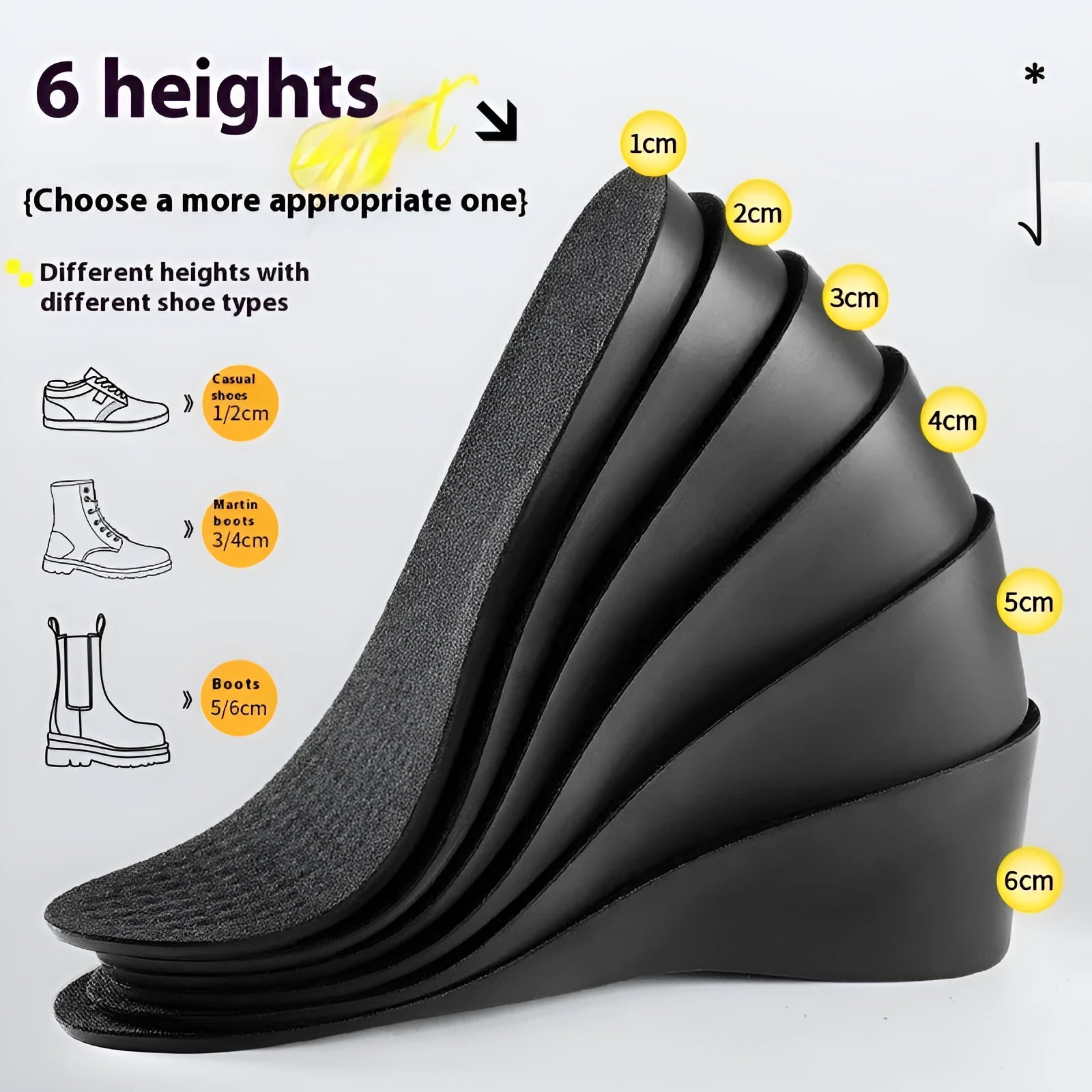 Black PVC invisible height increasing shoe insole, 1cm rise, for men's size 35-46 with non-collapse padding