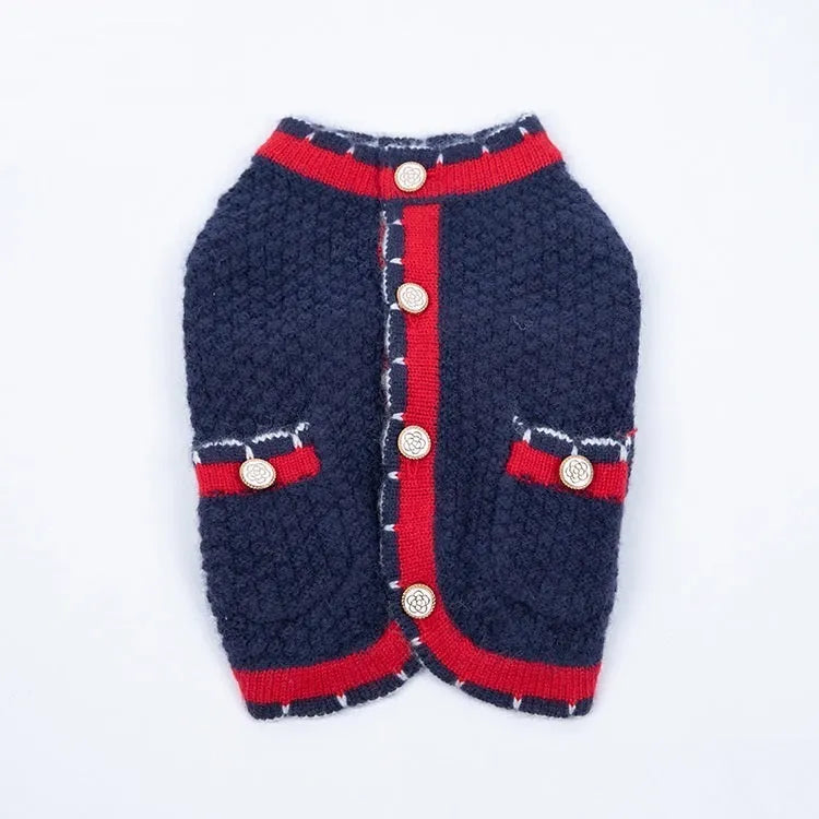 Blue Classic Princess style Wool cardigan sweater for a dog, showing cardigan opening and soft knit.