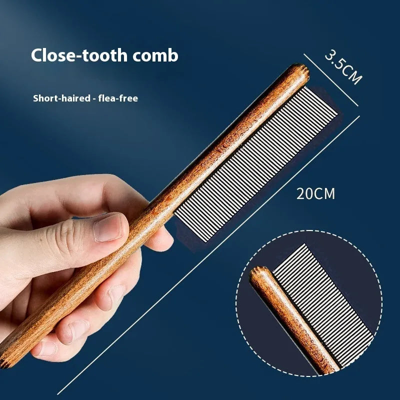 Stainless steel dense tooth flea comb for dogs and cats on a white background