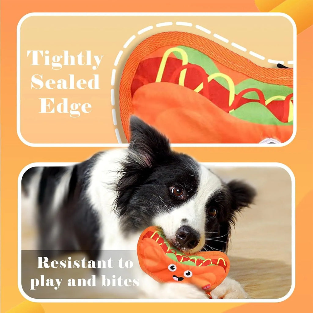 Food-shaped dog toys including hamburger, fries, hot dog and pizza designs with crinkle and squeak features