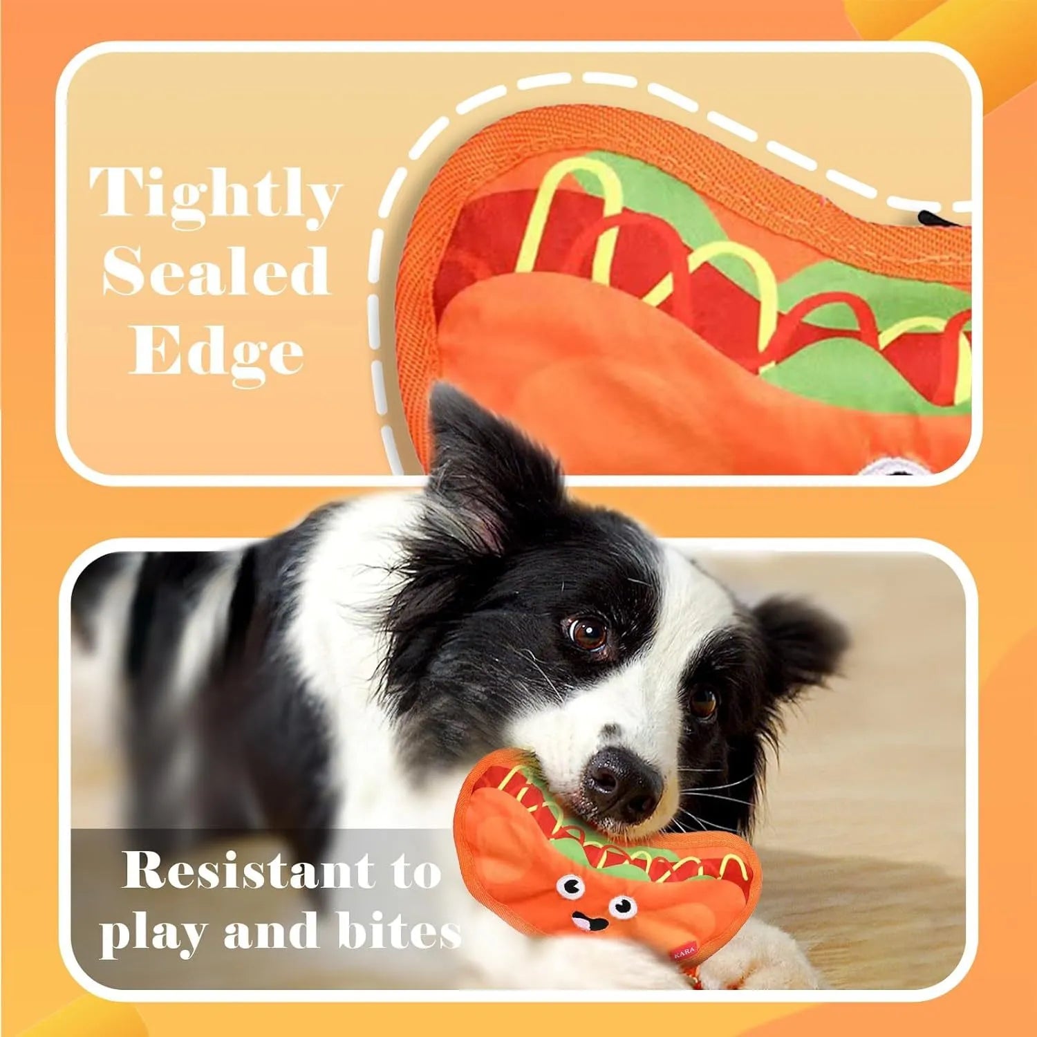 Food-shaped dog toys including hamburger, fries, hot dog and pizza designs with crinkle and squeak features