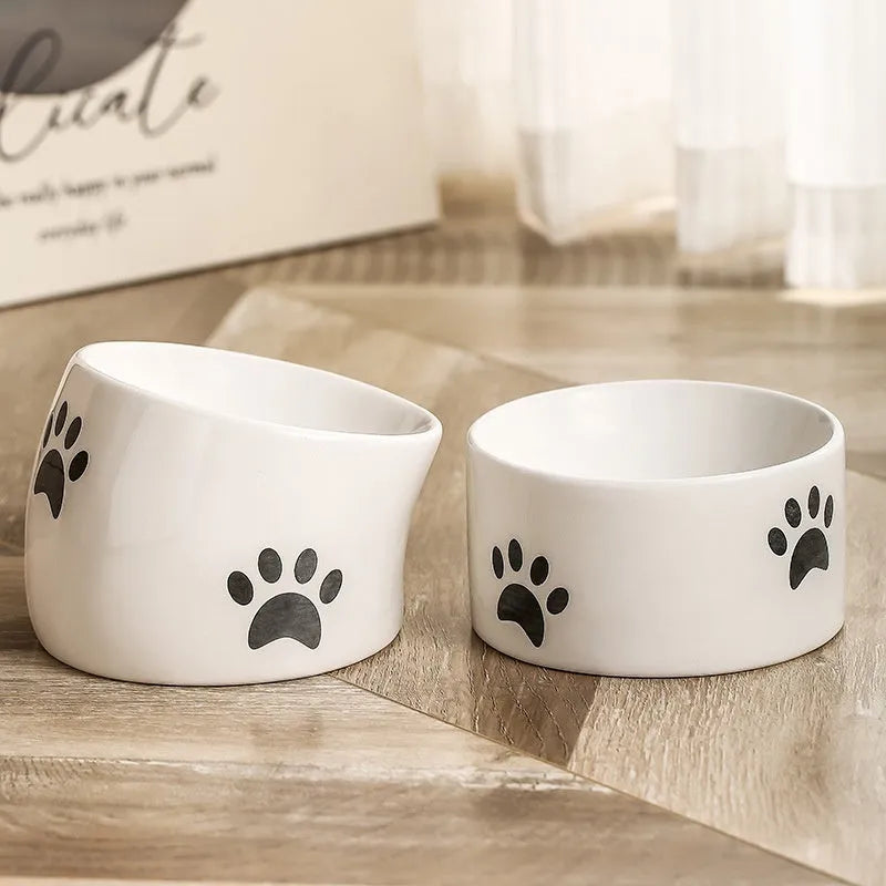Ceramic cat food bowl with high foot and cat's paw print in chosen colour.