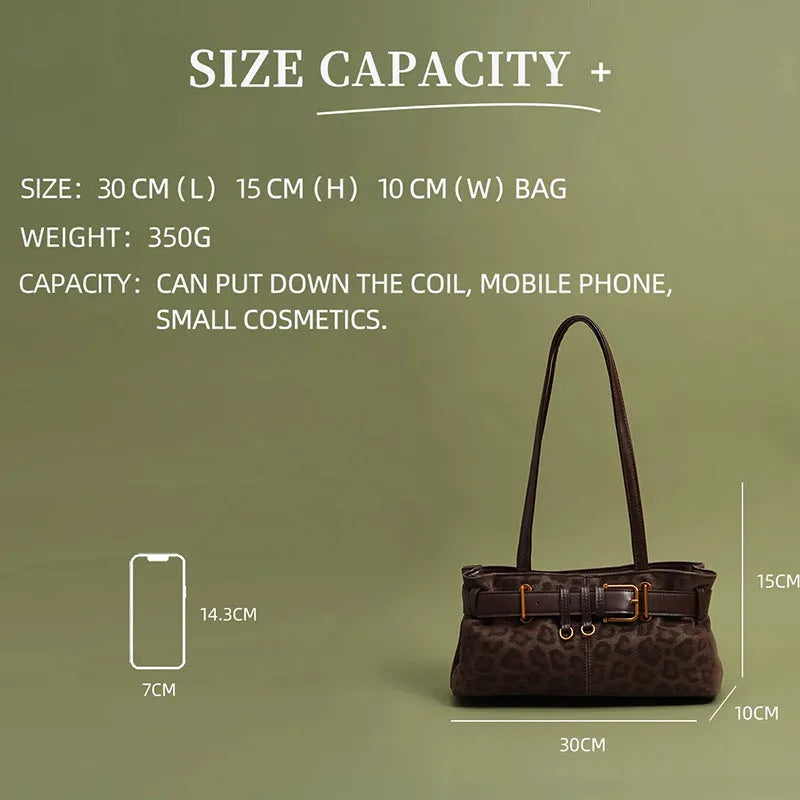 Retro leopard print shoulder bag in horizontal square shape, PU material, double straps, 30x15x10cm