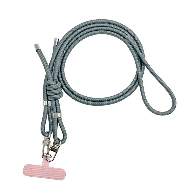 Adjustable crossbody phone lanyard in black with alloy clip, 120-160 cm length, handmade unisex mobile strap