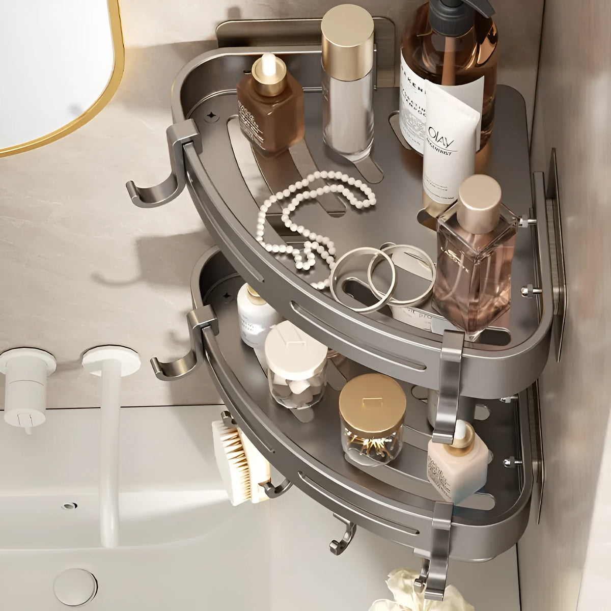 Punch-free fan-shaped corner shower rack, single layer, gun gray, with 15.00kg load-bearing capacity