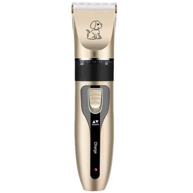 Electric pet hair cutter set with original cutter head, steel comb, black scissors, and pedicure device on white background