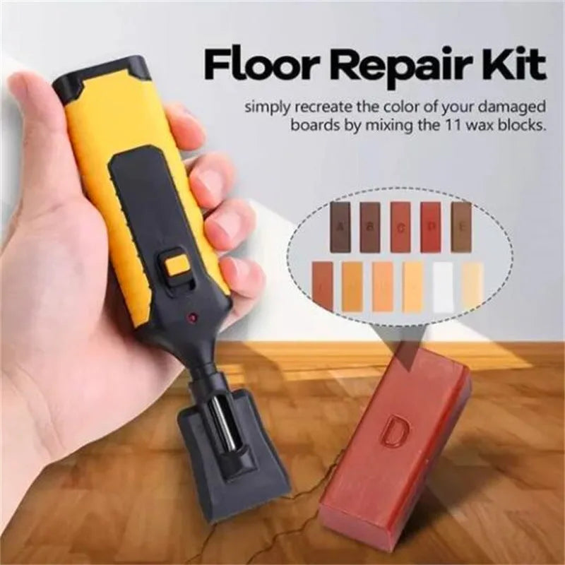 DIY floor and furniture repair kit with red handle and coloured wax sticks on a tile surface.
