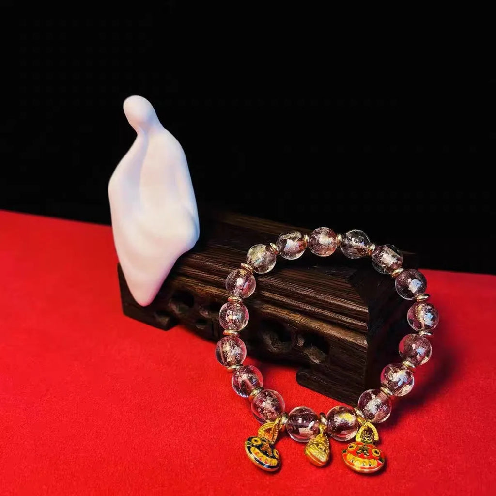 Geometric glass bracelet with auspicious patterns in red, purple, blue, green, black, or colourful.