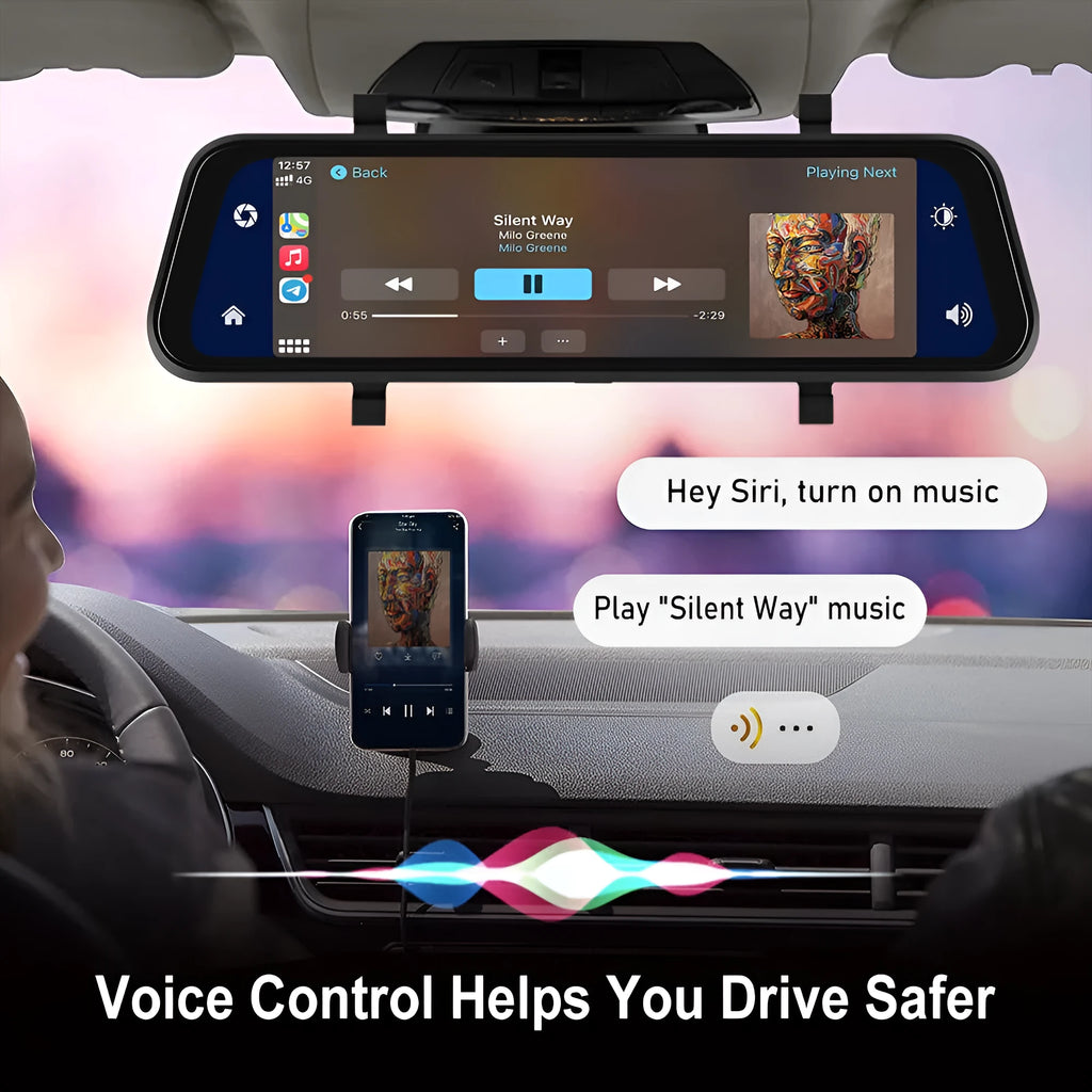 9.66 inch HD 1280x320 touch screen car driving recorder with CarPlay Android Auto and two-way video recording function