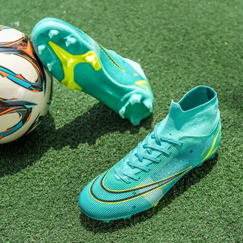High top football boots with AG spike sole for artificial turf, non-slip rubber outsole, black colour