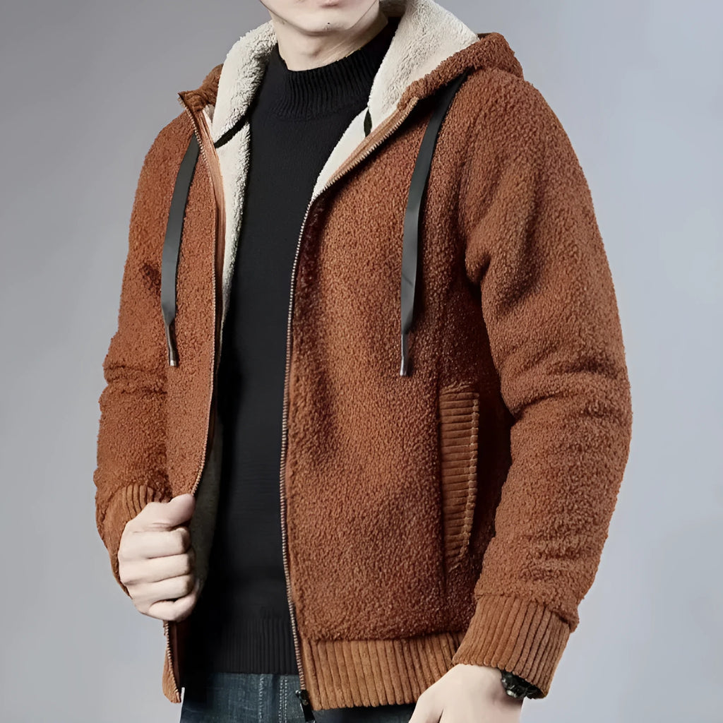 Winter men's zipper hooded sweater cardigan in khaki with thick fleece lining, sizes L to 8XL