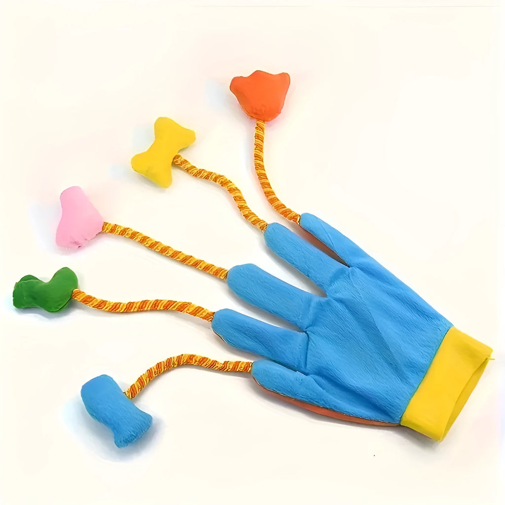 Yellow and blue magic glove plush cat toy with bell, showing 40cm trailer design