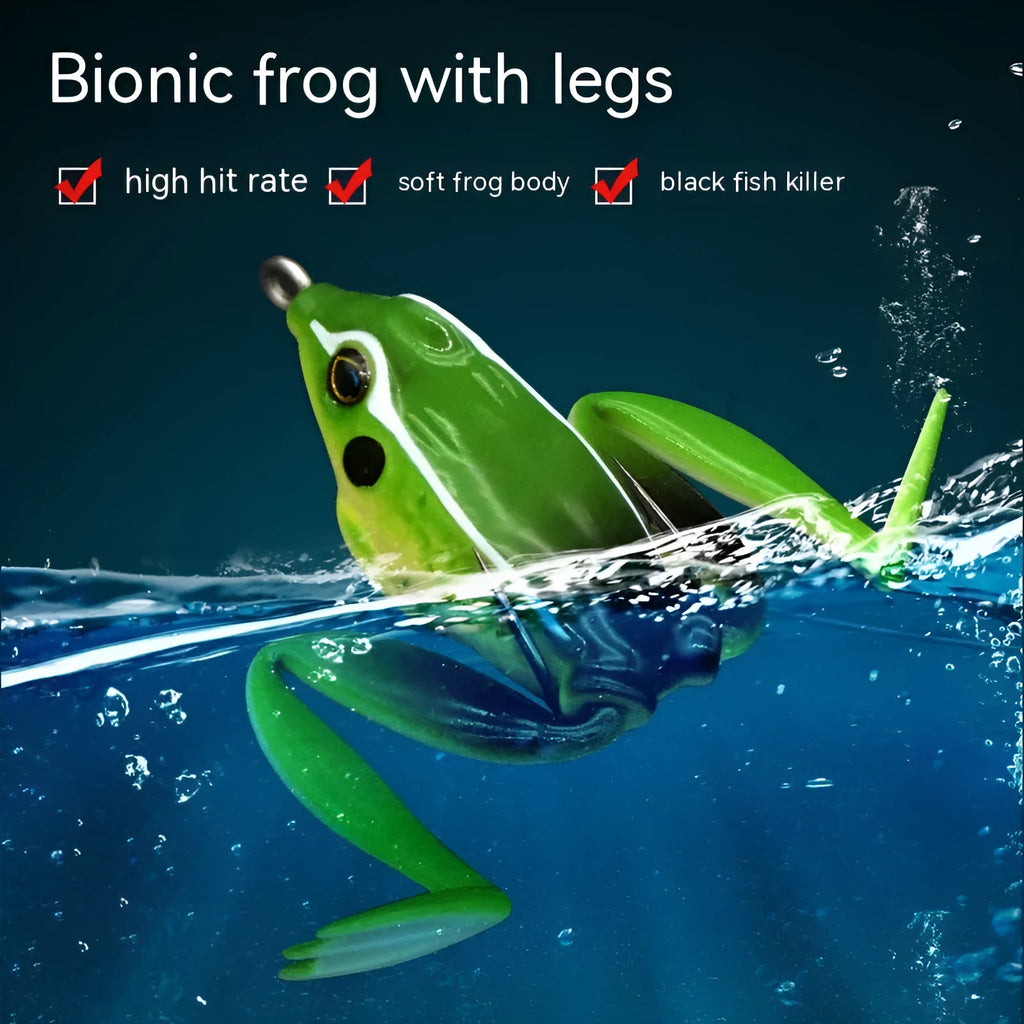 Artificial frog fishing lure with snake head design and double treble hooks in grass green colour