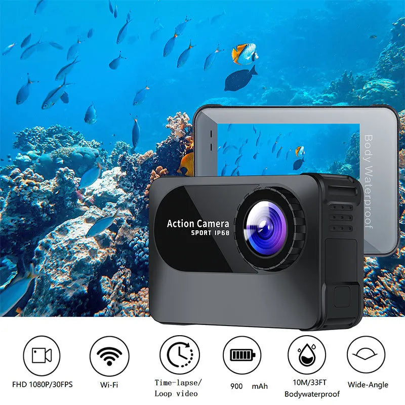 Black outdoor action camera with wide-angle lens, showing compact size and touch screen.