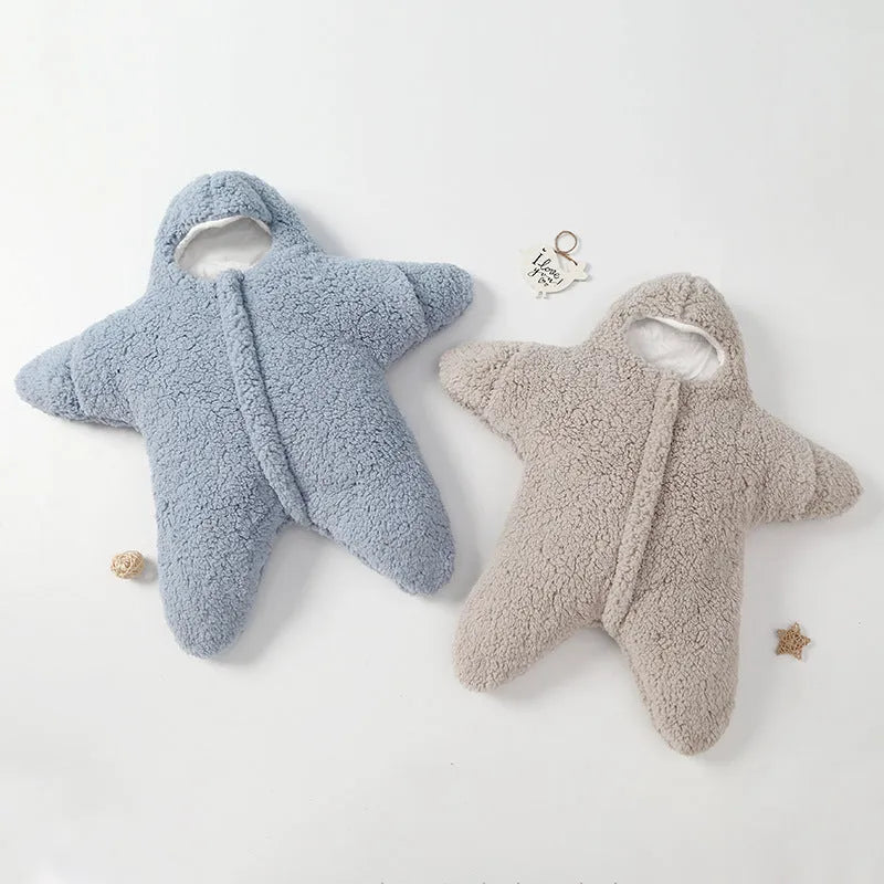 Lamb velvet baby sleeping bag with hood and zip in pink, grey, blue, or khaki colours