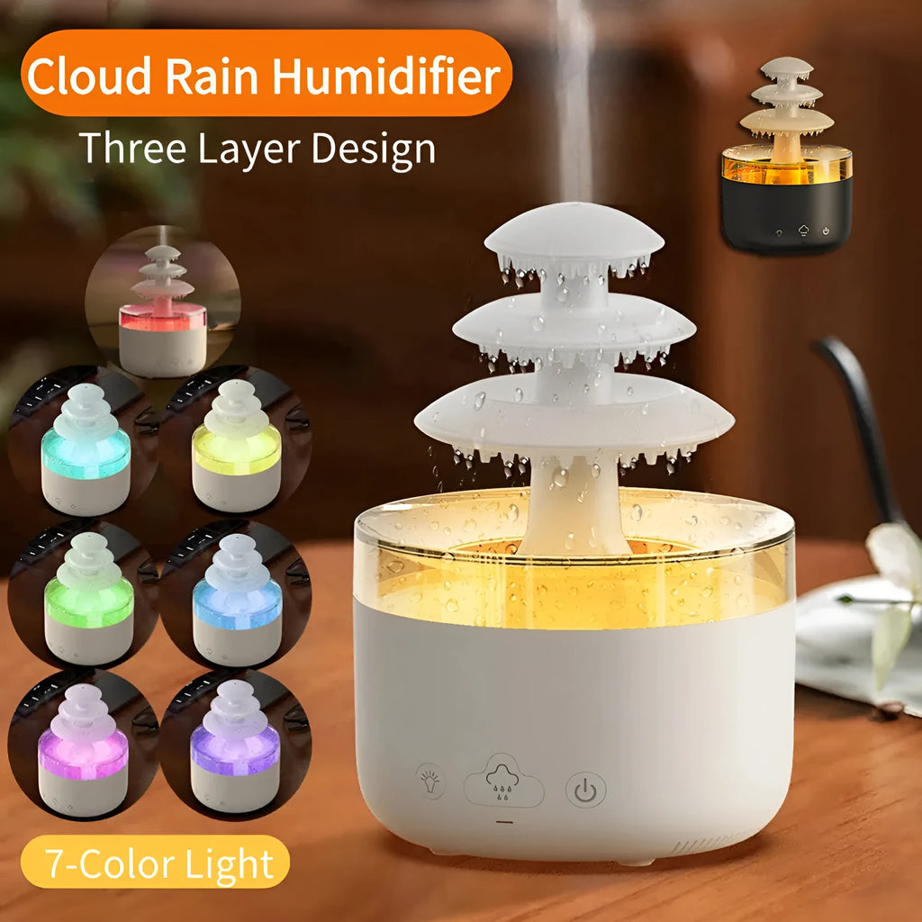 White cloud rain ultrasonic humidifier and essential oil diffuser with colourful LED lights on desk
