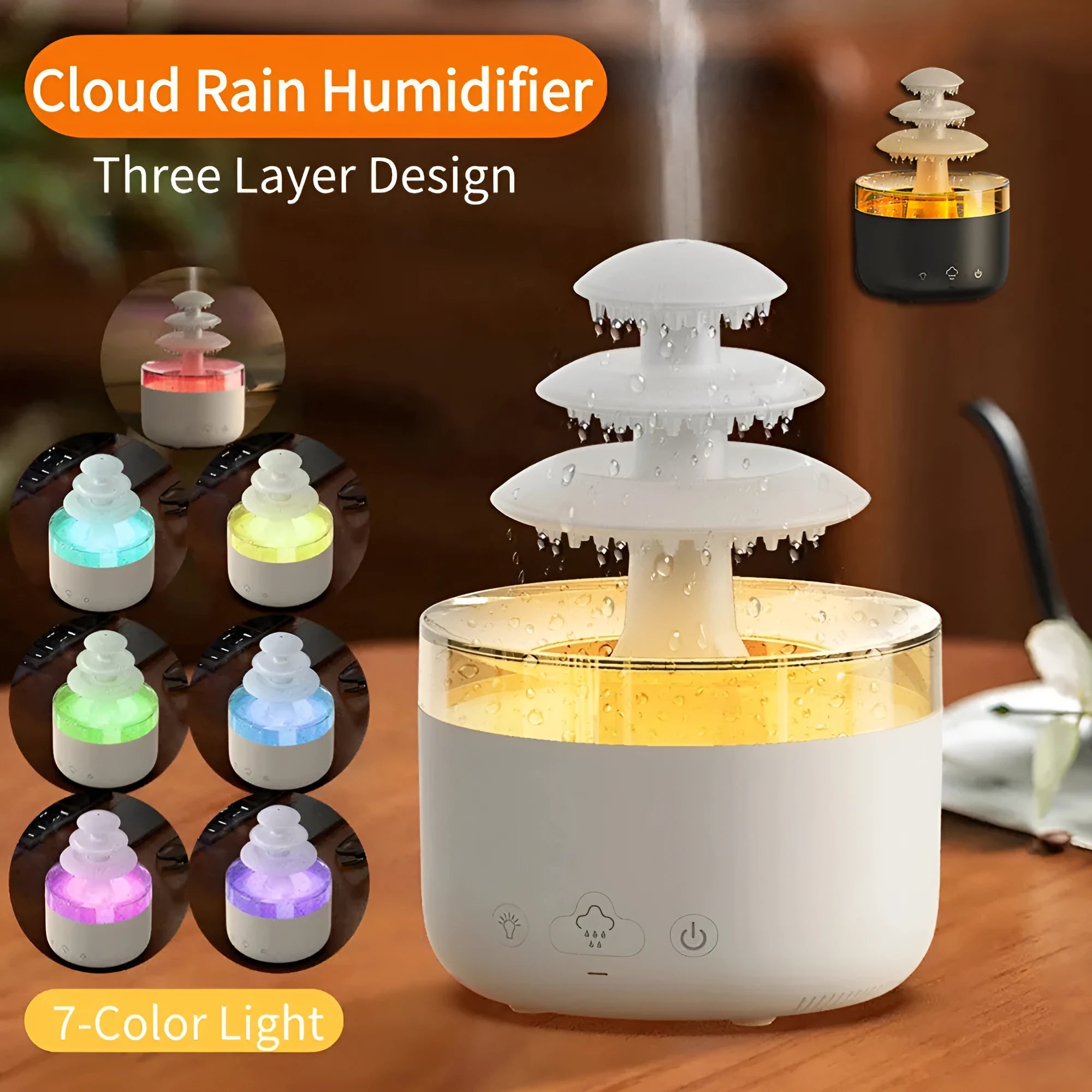 White cloud rain ultrasonic humidifier and essential oil diffuser with colourful LED lights on desk