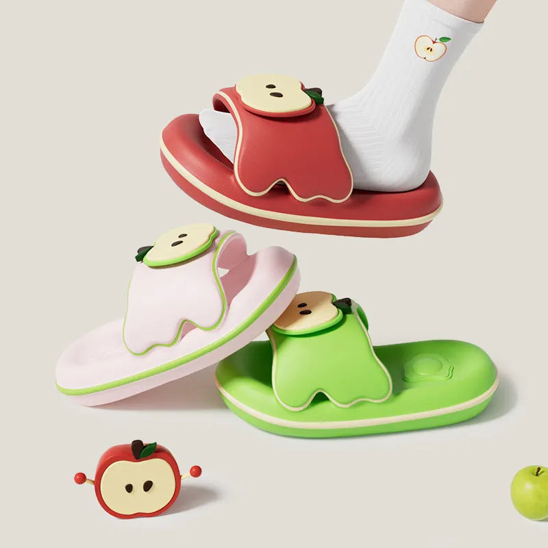 Cute cartoon flip flops for men and women in red, blue, cyan, pink made from EVA material, side view