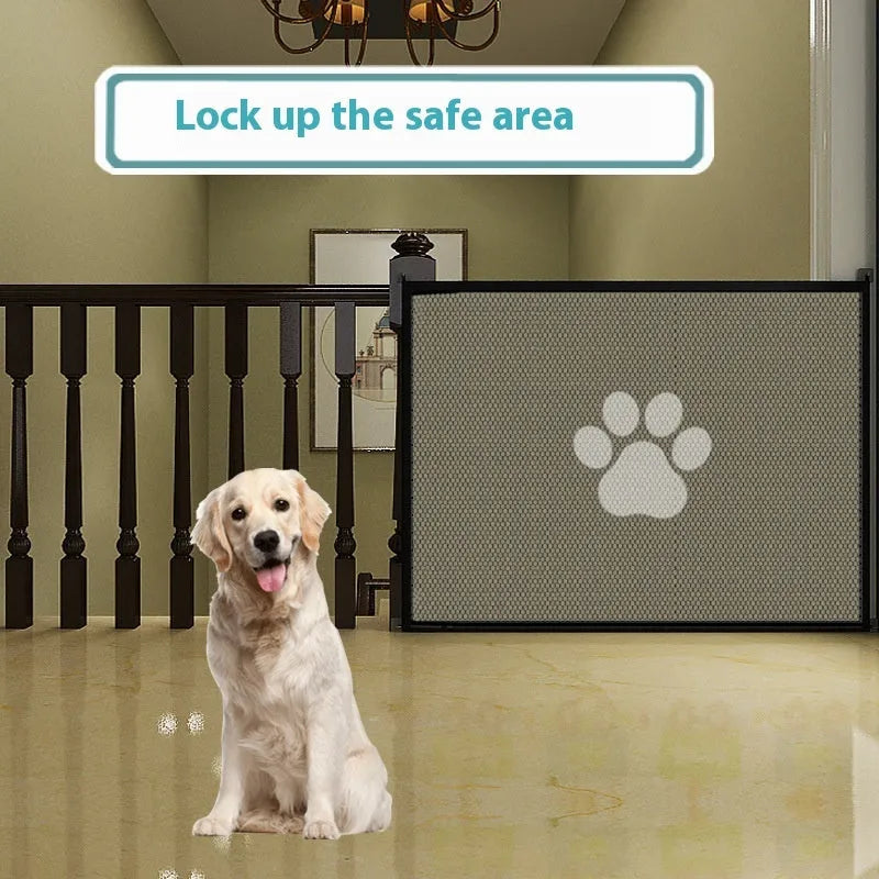 Portable folding dog barrier safety net fence with plastic support rods and pet doorsill design