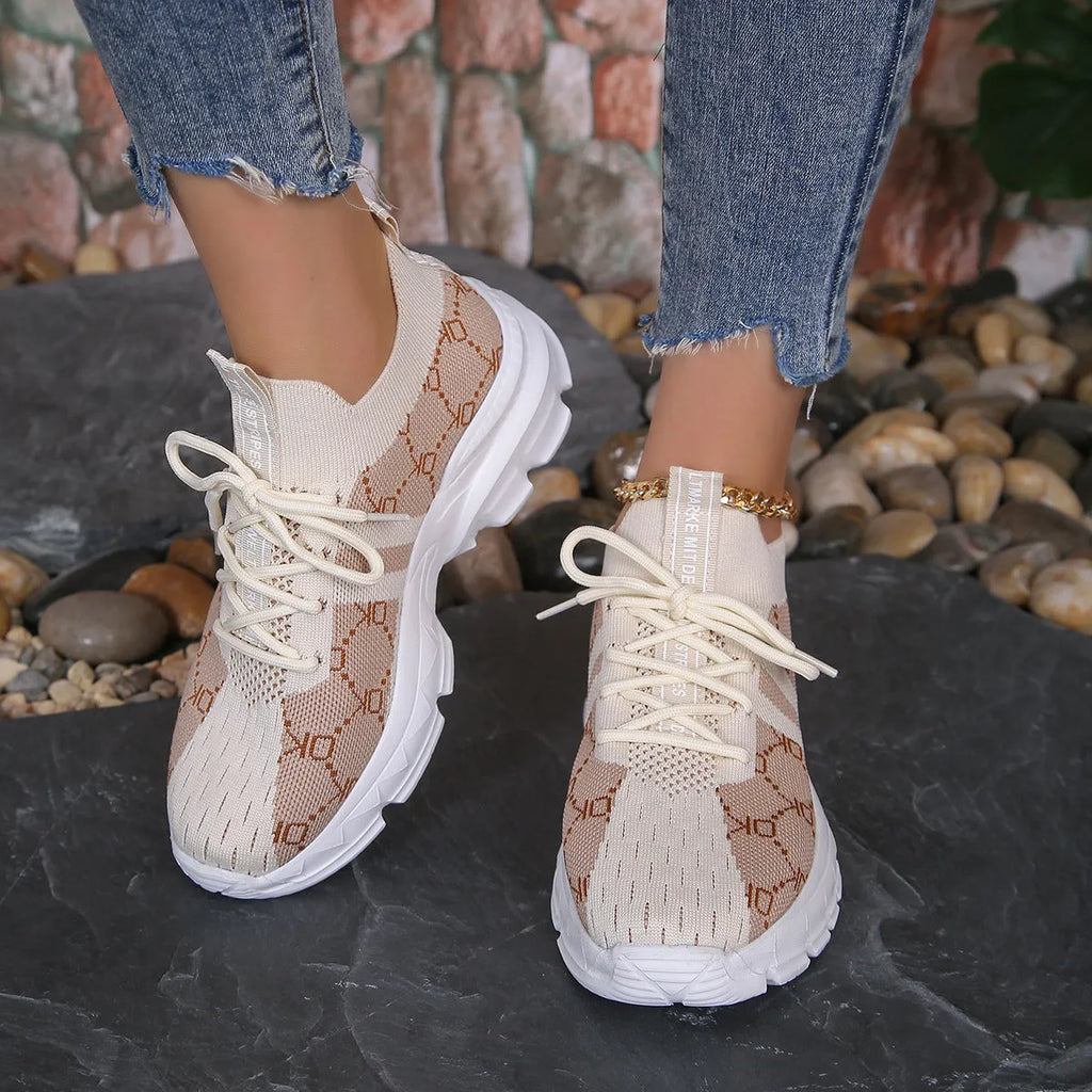 Women's breathable mesh lace-up sneakers in light brown with round toe and low upper