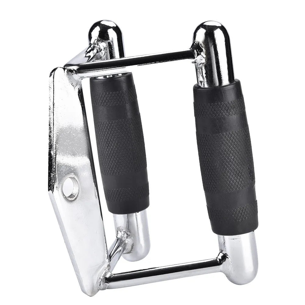 Steel triangle bar cable machine attachment in silver finish with central D-ring