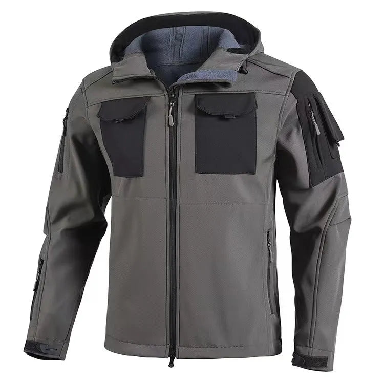 Fleece-lined soft shell jacket for adults, windproof and waterproof, hooded, in black grey or green
