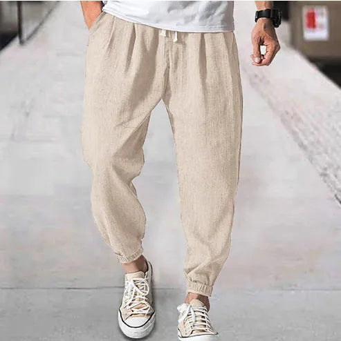 Men's casual cotton banded ankle pants in loose summer fit showing seven colour options