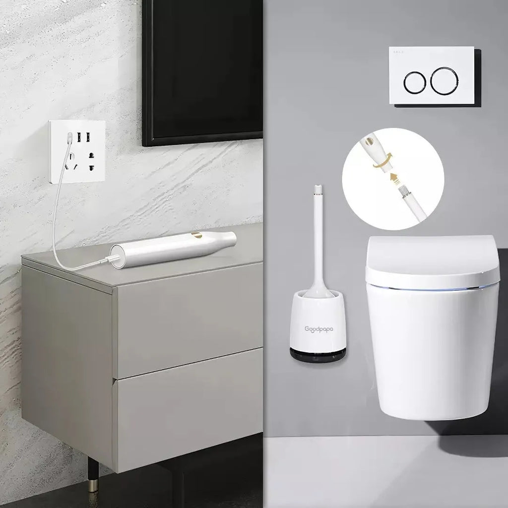 White wireless electric toilet brush with base and USB cable on a bathroom floor
