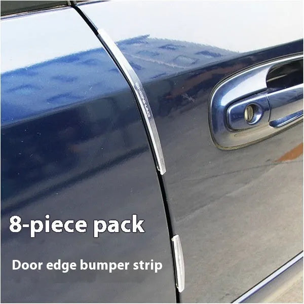 Solid white plastic car door edge protector strip with adhesive backing, shown next to a vehicle door.