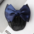 Professional bow hairnet headdress with integrated work plate clip and mesh storage pocket