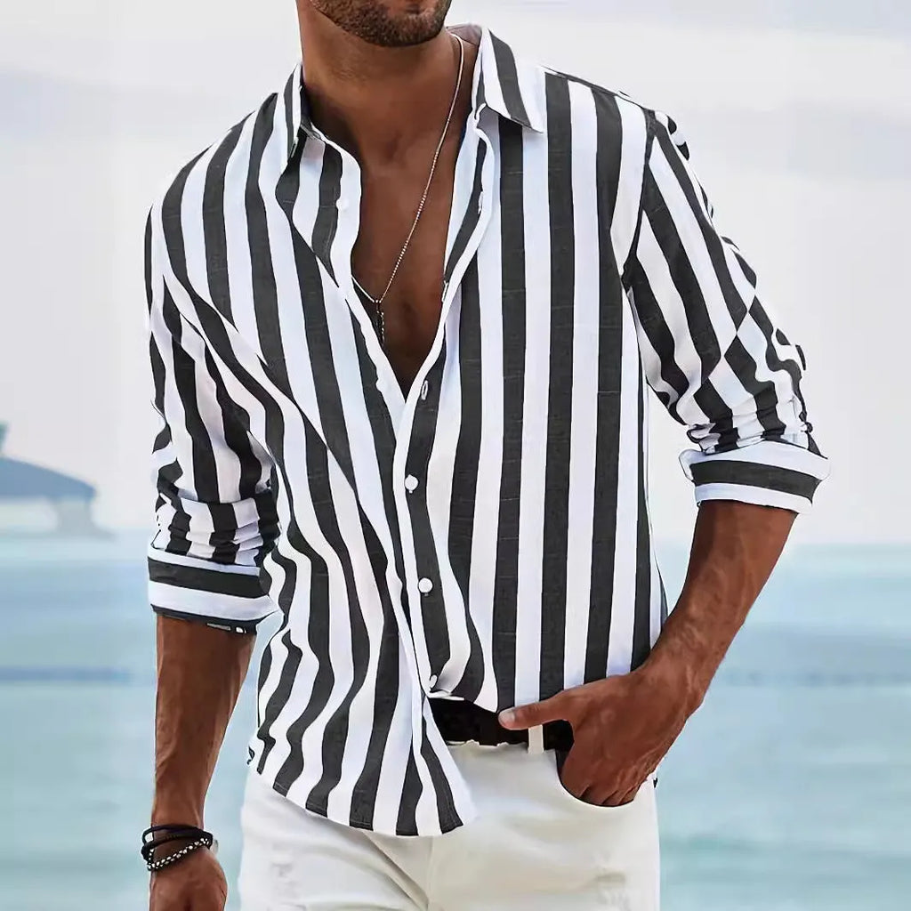 Men's striped loose long-sleeved shirt in British cardigan style with yarn-dyed pattern