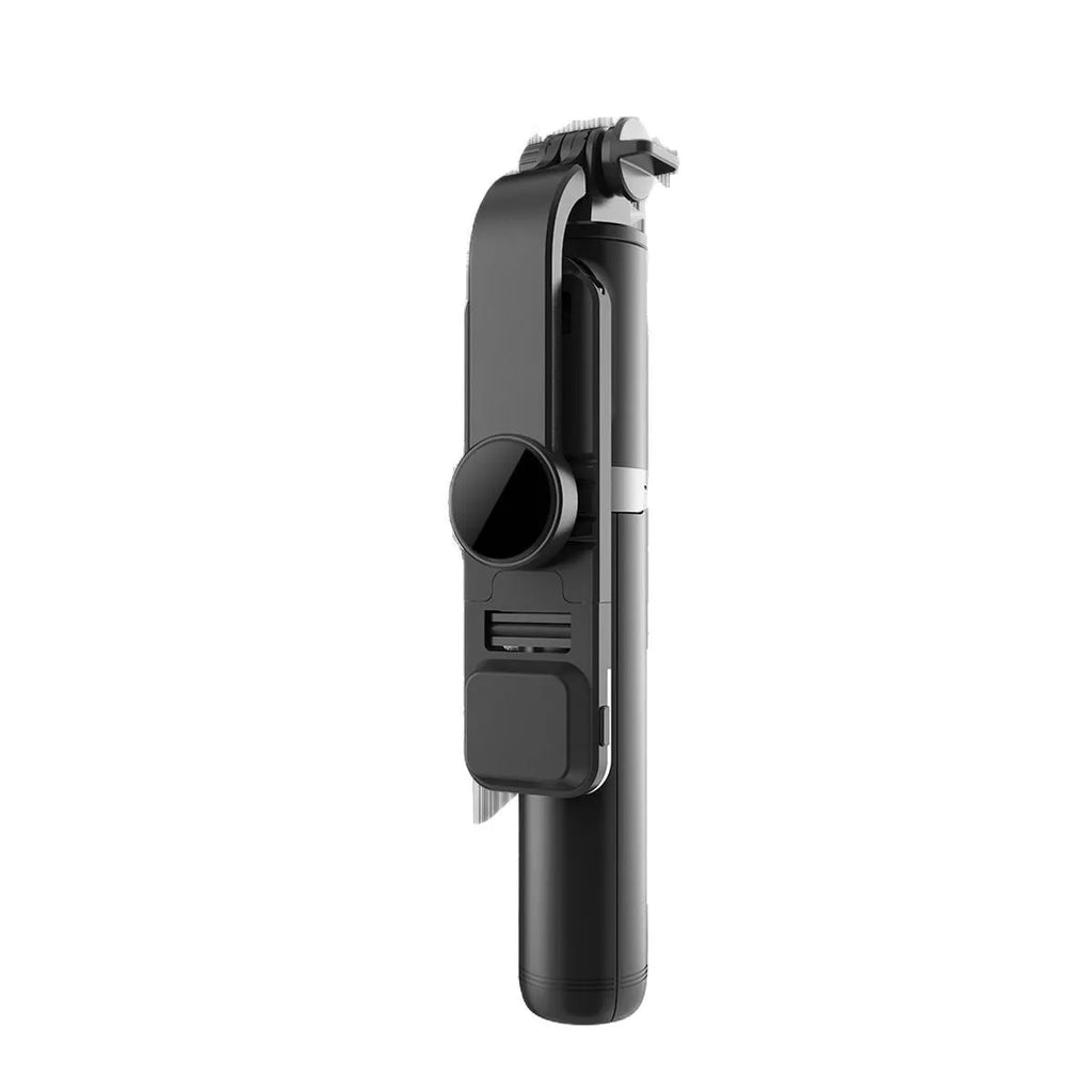 Portable retractable selfie stick tripod with Bluetooth remote and stainless steel shaft in black on a flat surface