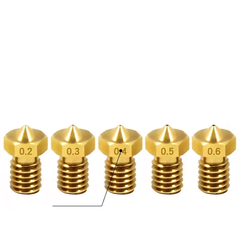 Brass 3D printer nozzle with M6 thread and multiple aperture size options from 0.2mm to 1.0mm.