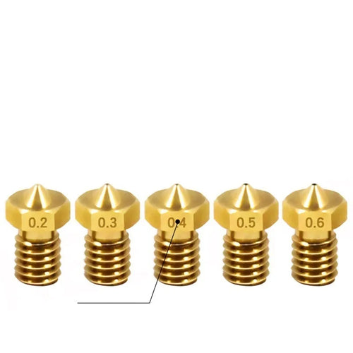 Brass 3D printer nozzle with M6 thread and multiple aperture size options from 0.2mm to 1.0mm.