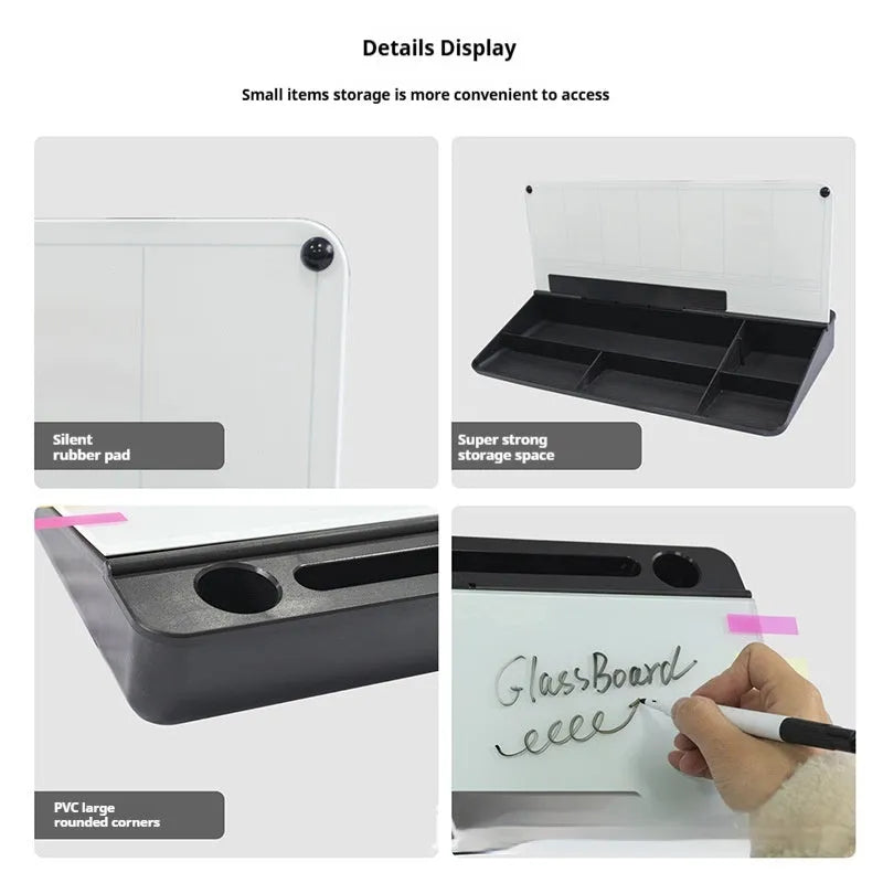 Table top glass whiteboard 18x40cm in black frame on a desk with markers