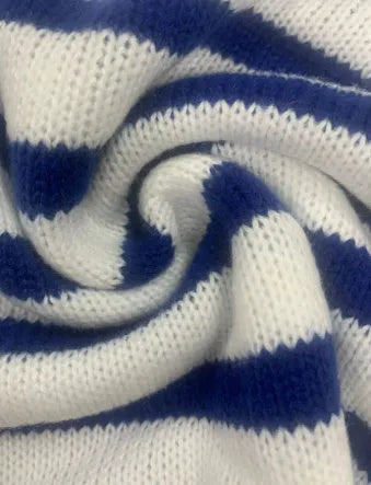 Sapphire Blue striped knitted pullover sweater with loose fit and round neckline