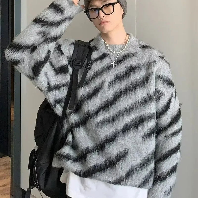 Men's zebra stripe retro cardigan loose knit sweater in cotton blend, gray and apricot colours