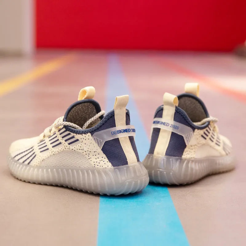 Men's white breathable flying fabric sports shoes with mesh lining and platform heel on a solid background