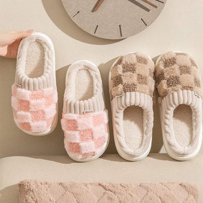 Women's plaid pattern plush slippers with coral velvet upper and PVC anti-slip sole