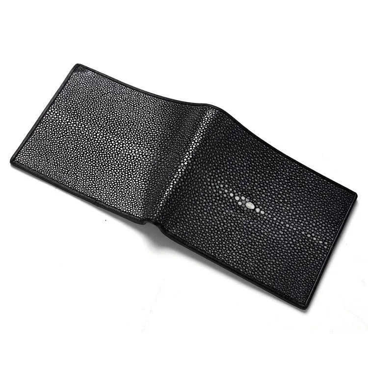 Cowhide leather wallet with pearl fishskin lining in horizontal square design