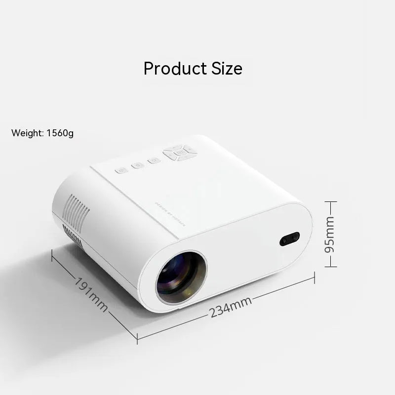 White Full HD smart Android projector with remote control on a table.