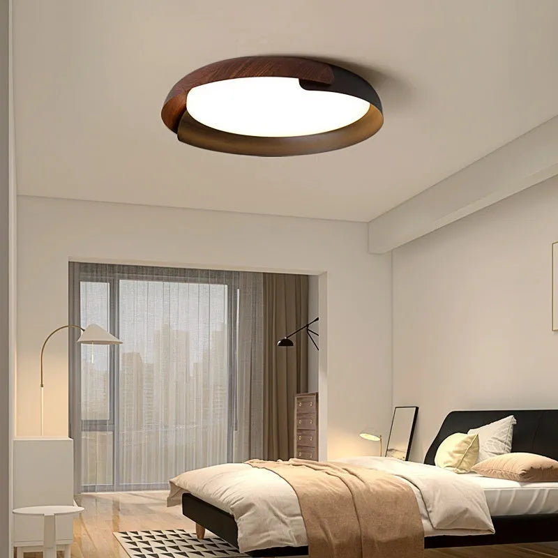 Nordic bedroom ceiling lamp in black walnut, sandy white grey or white wood, 42cm or 50cm, with stepless dimming