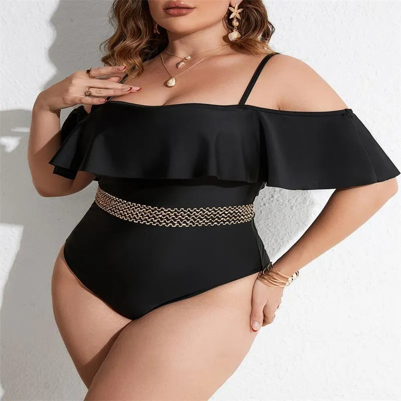 Black women's one-piece swimsuit in plus sizes from 0XL to 4XL made from polyester fabric